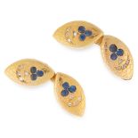 A PAIR OF SAPPHIRE AND DIAMOND CUFFLINKS in yellow gold, each formed of a navette shaped face set