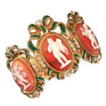 AN ANTIQUE DIAMOND AND ENAMEL CAMEO BRACELET, 19TH CENTURY in high carat yellow gold, formed of a