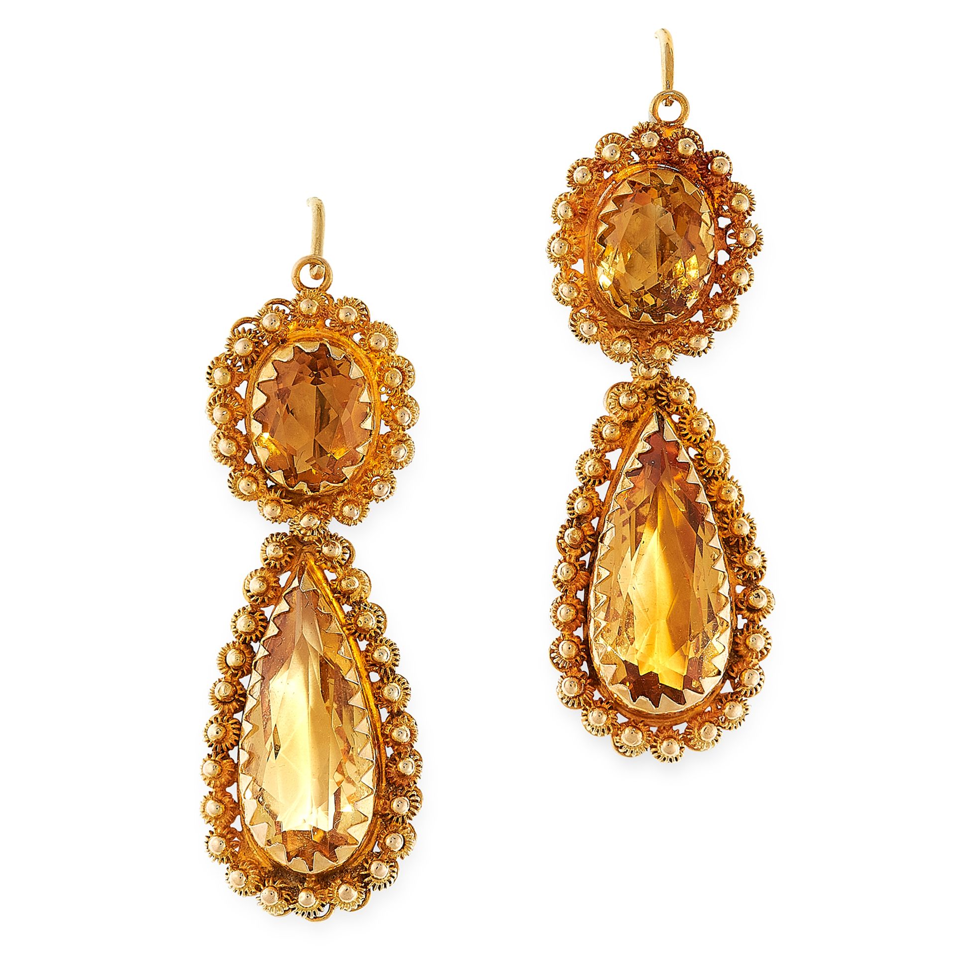 A PAIR OF ANTIQUE CITRINE EARRINGS, 19TH CENTURY in high carat yellow gold, each set with an oval