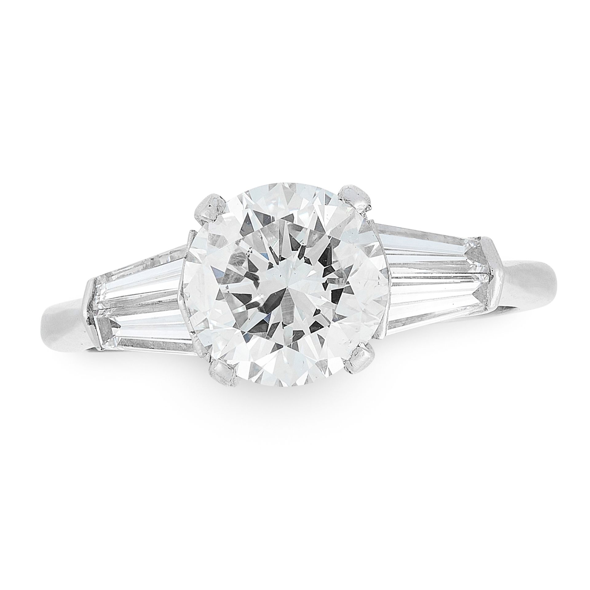 A SOLITAIRE DIAMOND RING in platinum, set with a round cut diamond of 1.53 carats, between shoulders