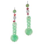 A PAIR OF ANTIQUE NATURAL JADEITE JADE, RUBY AND DIAMOND EARRINGS, EARLY 20TH CENTURY each set