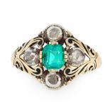 AN ANTIQUE EMERALD AND DIAMOND RING, 19TH CENTURY in yellow gold, set with an emerald cut emerald of