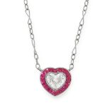 A DIAMOND AND RUBY PENDANT NECKLACE in white gold, set with a heart shaped brilliant cut diamond