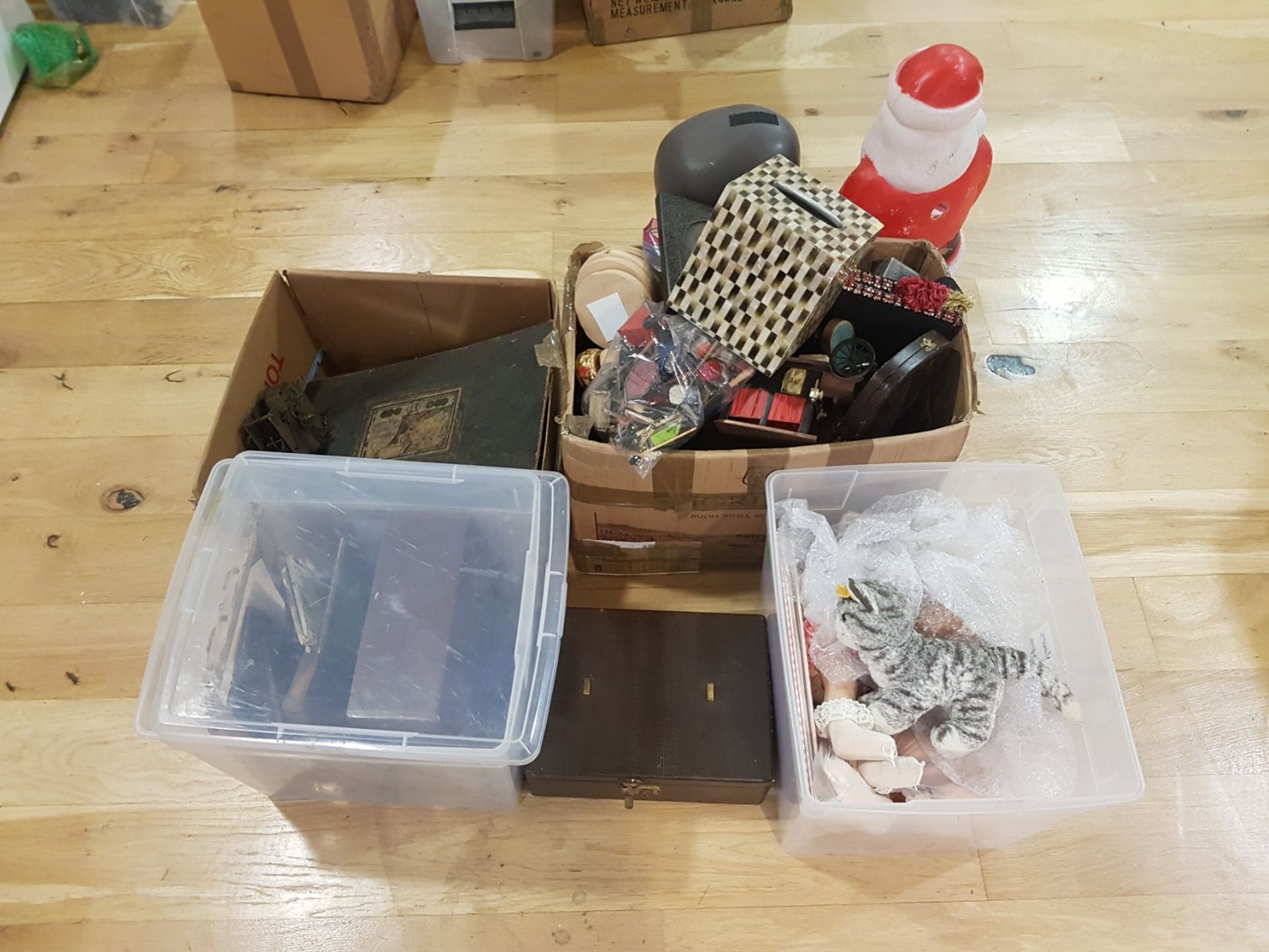 A MIXED LOT OF BOXES comprising souvenir spoons, wooden items, travelling boxes, toy vehicles, etc