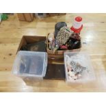 A MIXED LOT OF BOXES comprising souvenir spoons, wooden items, travelling boxes, toy vehicles, etc