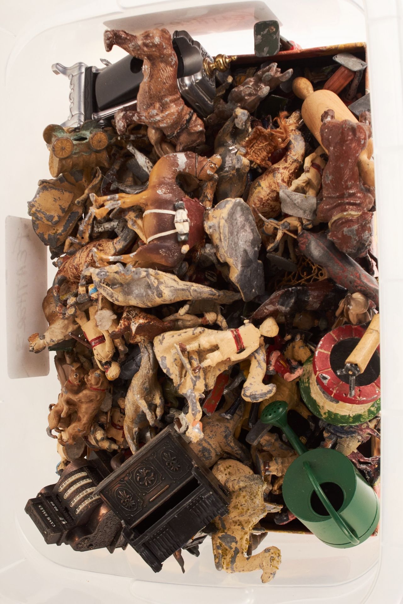 A large selection of die cast lead figures of animals and figures