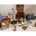 A MIXED LOT OF WOODEN BOXES, CERAMICS, BUTTONS ETC