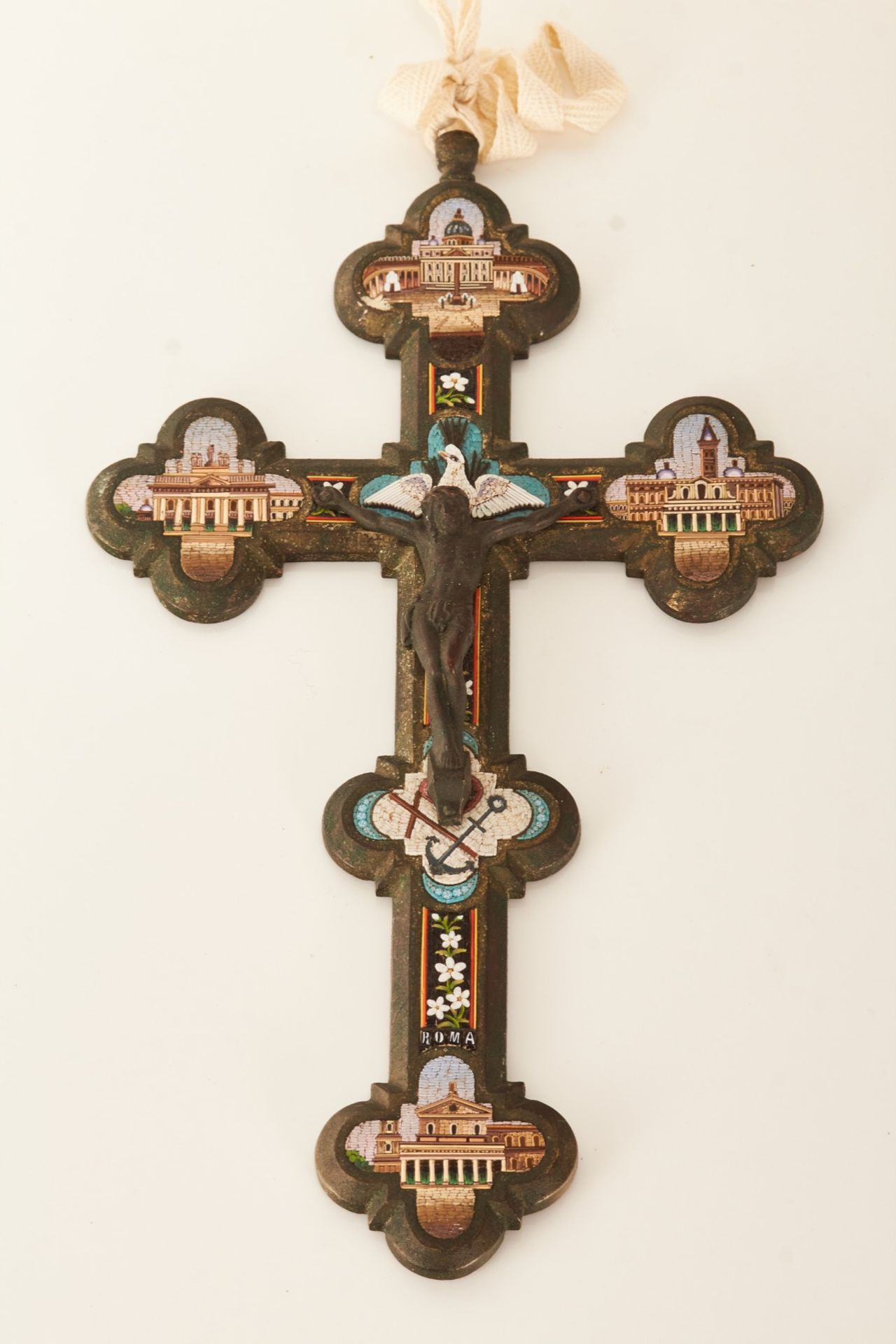 An early 20th century Italian micro mosaic devotional cross, Rome circa 1900