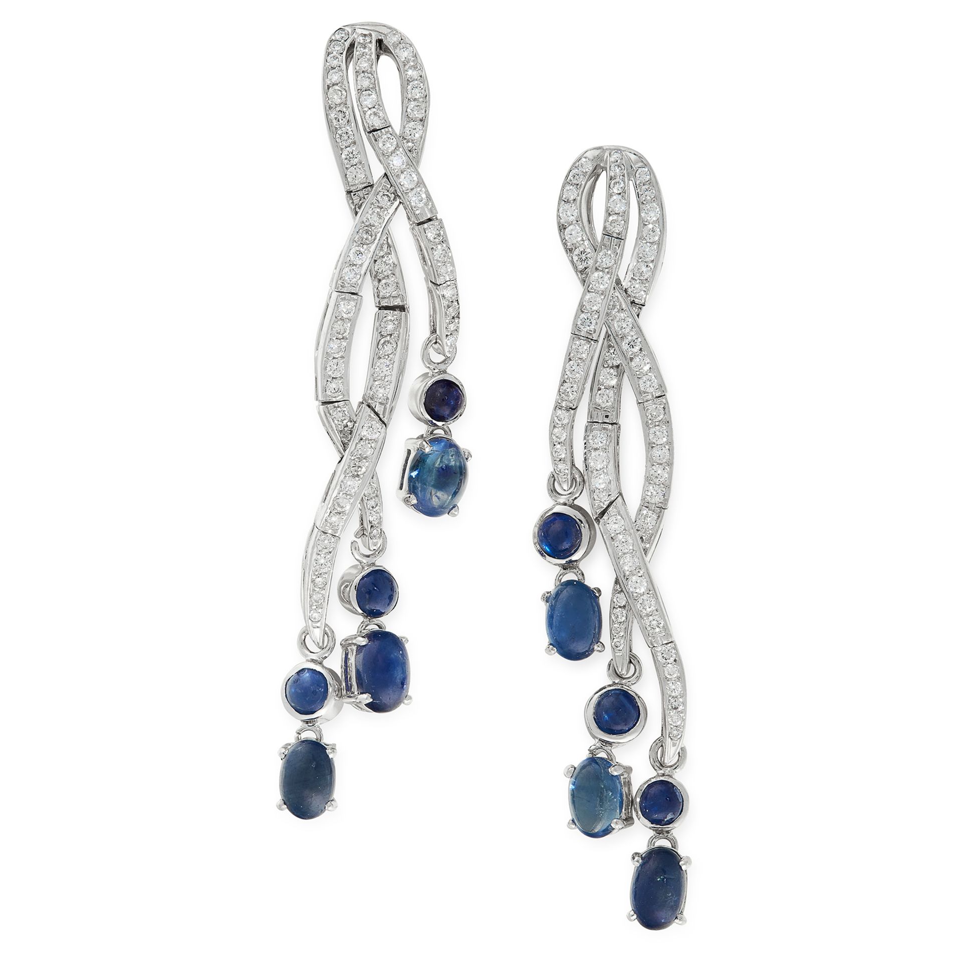 A PAIR OF SAPPHIRE AND DIAMOND DROP EARRINGS in 18ct white gold, each designed as a trio of