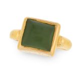 AN ANTIQUE GREEN GLASS OR HARDSTONE RING, 14TH - 15TH CENTURY OR LATER in high carat yellow gold,