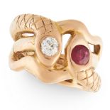 AN ANTIQUE RUBY AND DIAMOND SNAKE RING in 18ct yellow gold, designed as two intertwined snakes,