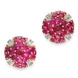 A PAIR OF RUBY AND DIAMOND EARRINGS in yellow gold, of circular design, set all over with round