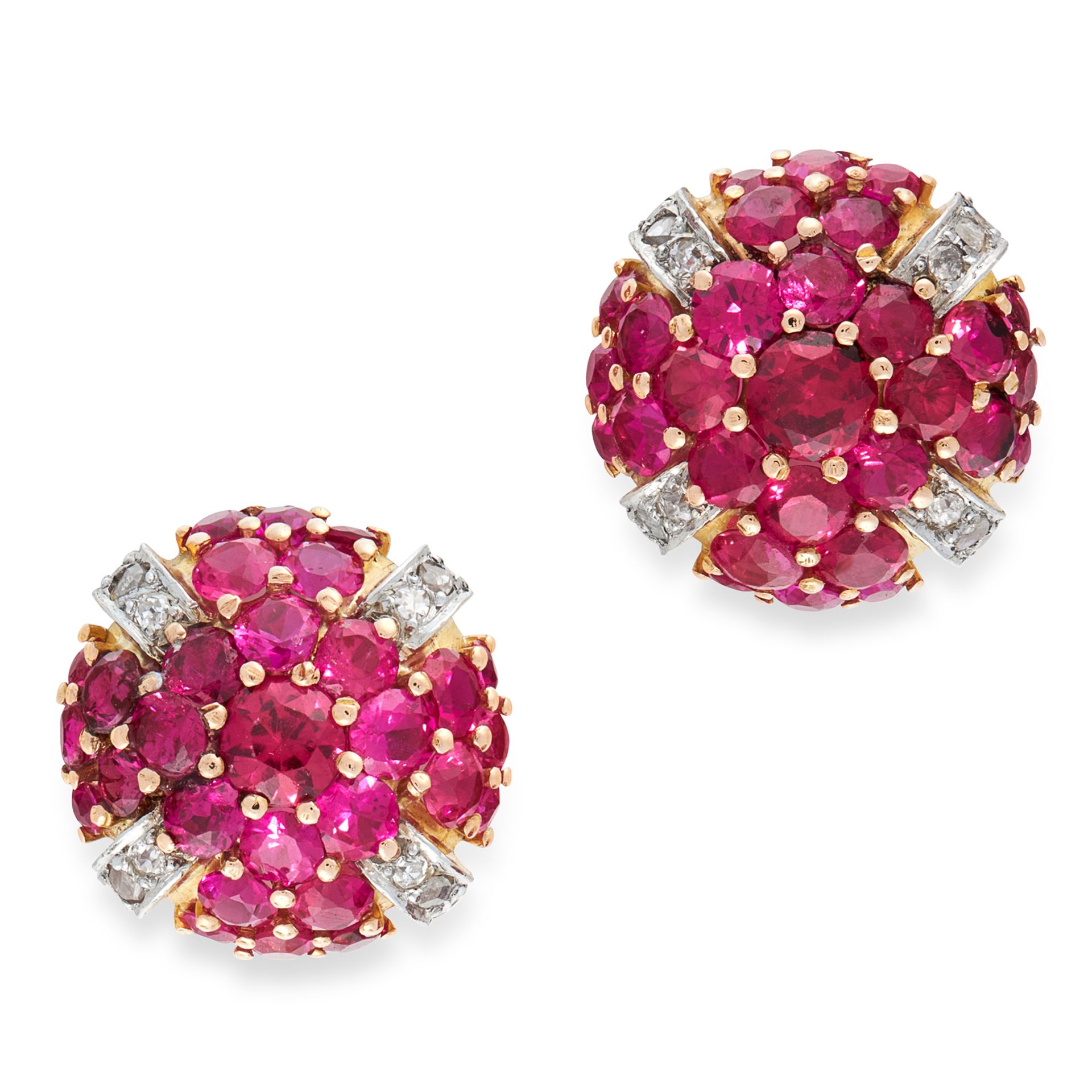 A PAIR OF RUBY AND DIAMOND EARRINGS in yellow gold, of circular design, set all over with round