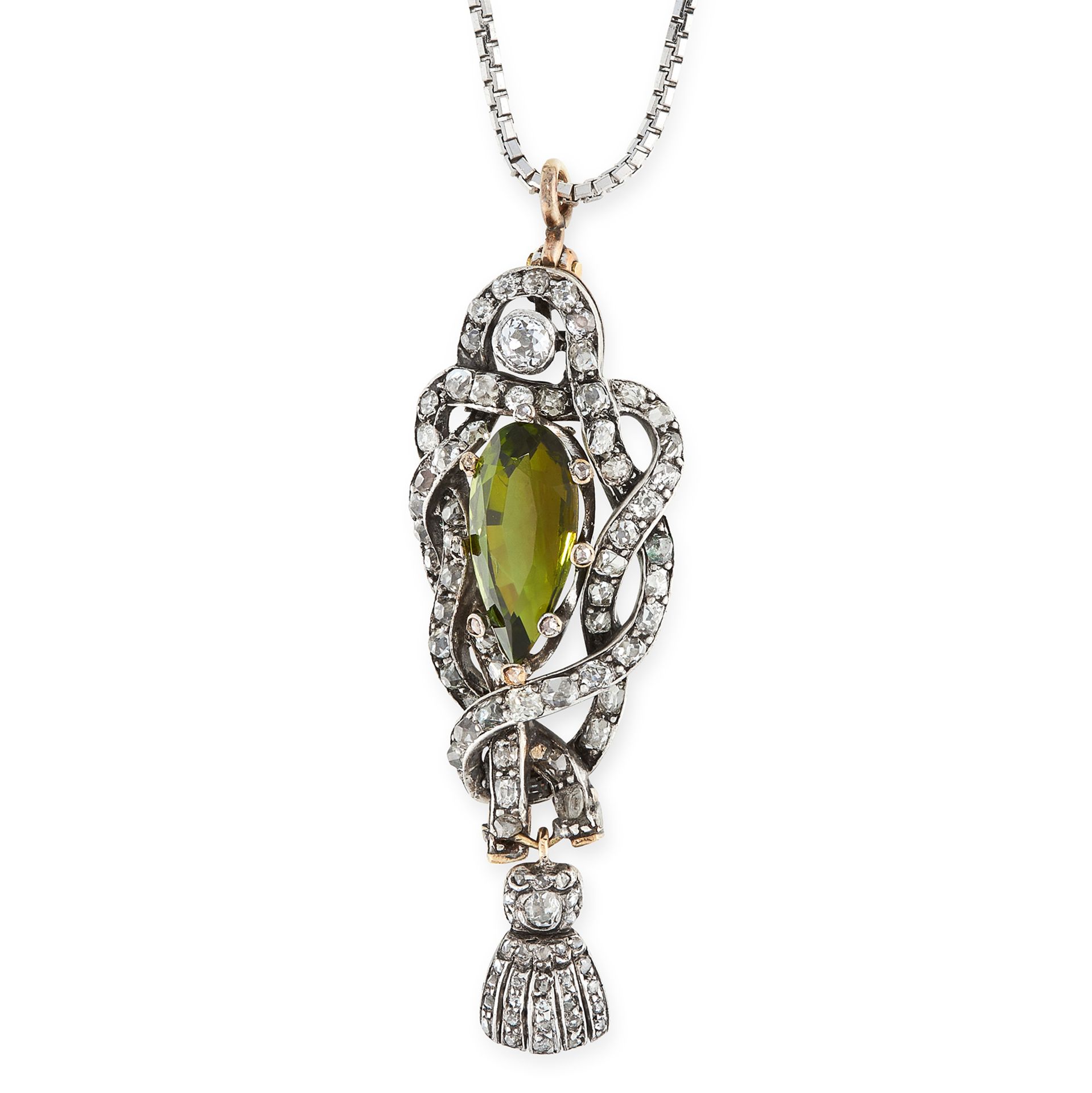 AN ANTIQUE TOURMALINE AND DIAMOND PENDANT in yellow gold and silver, set with a central pear cut