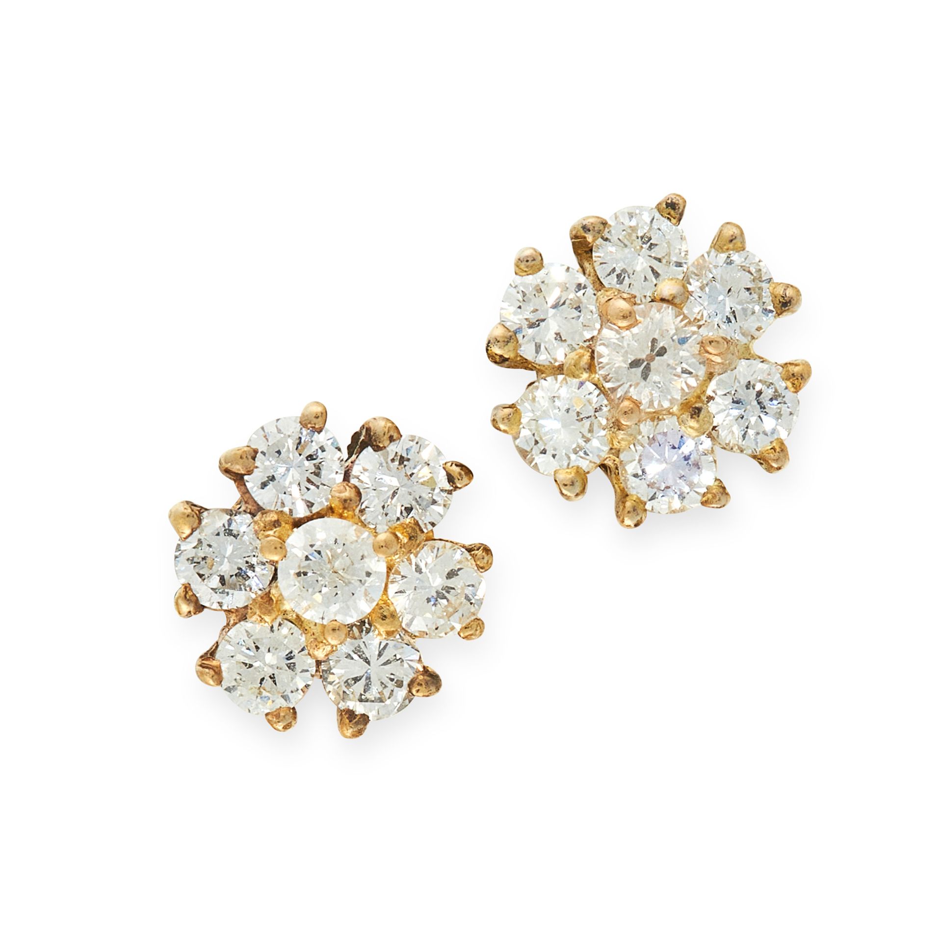 A PAIR OF DIAMOND CLUSTER STUD EARRINGS in 18ct yellow gold, each set with a cluster of round cut