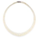 A PEARL AND DIAMOND NECKLACE in yellow gold and silver, comprising three rows of graduated pearls