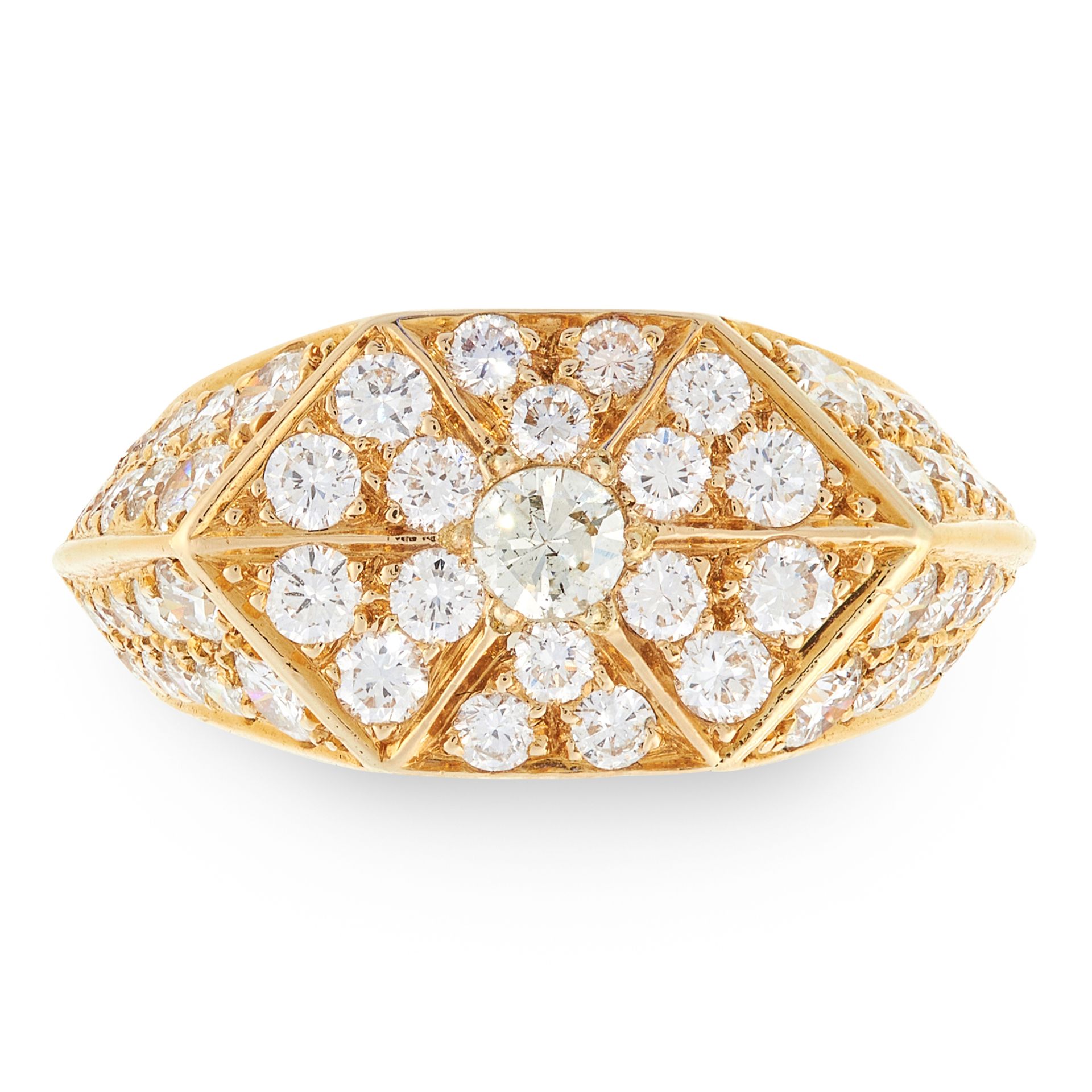 A VINTAGE DIAMOND DRESS RING in 18ct yellow gold, the hexagonal face jewelled allover with round cut