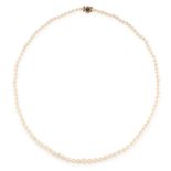 A PEARL, SAPPHIRE AND DIAMOND NECKLACE in yellow gold, comprising of a single row of pearls