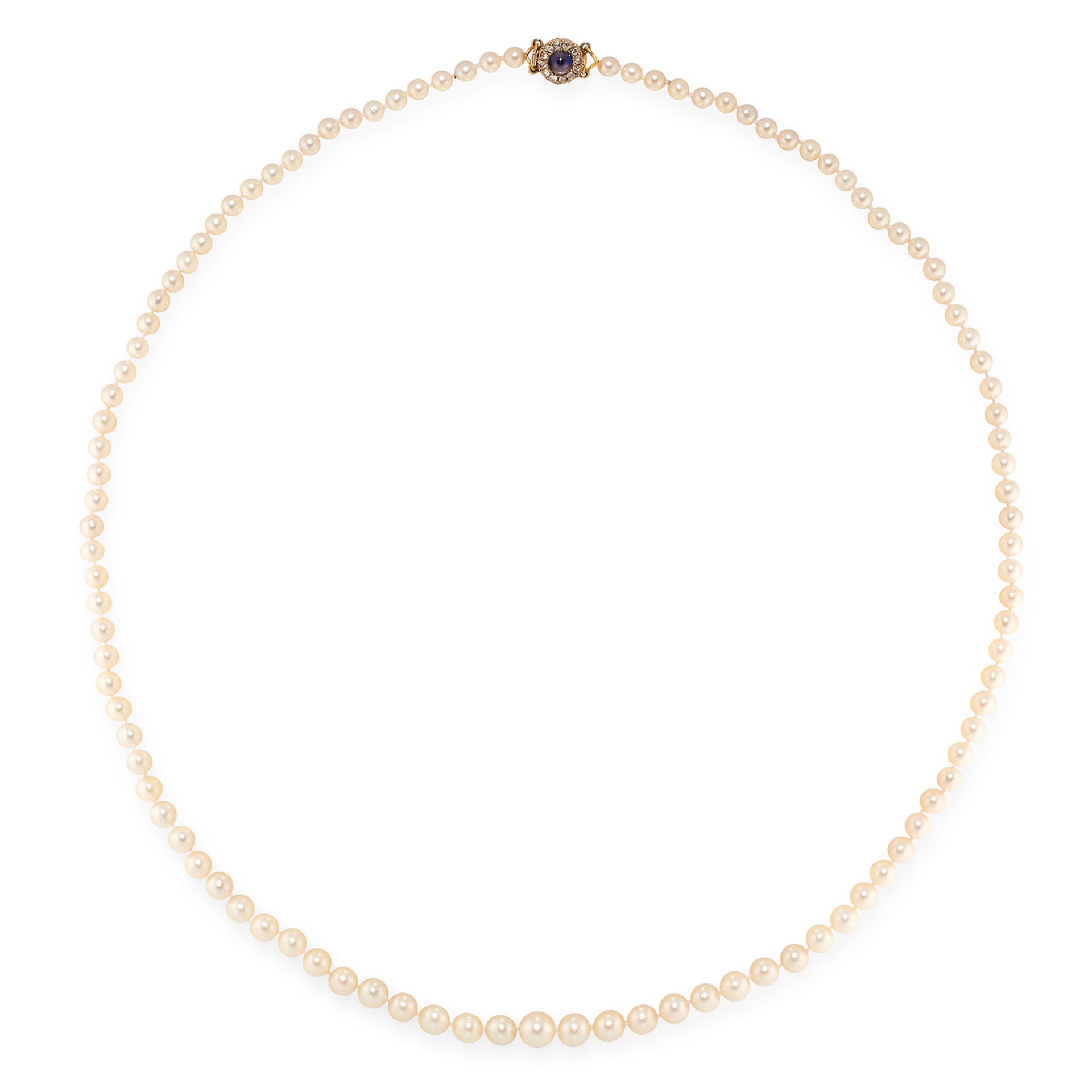 A PEARL, SAPPHIRE AND DIAMOND NECKLACE in yellow gold, comprising of a single row of pearls