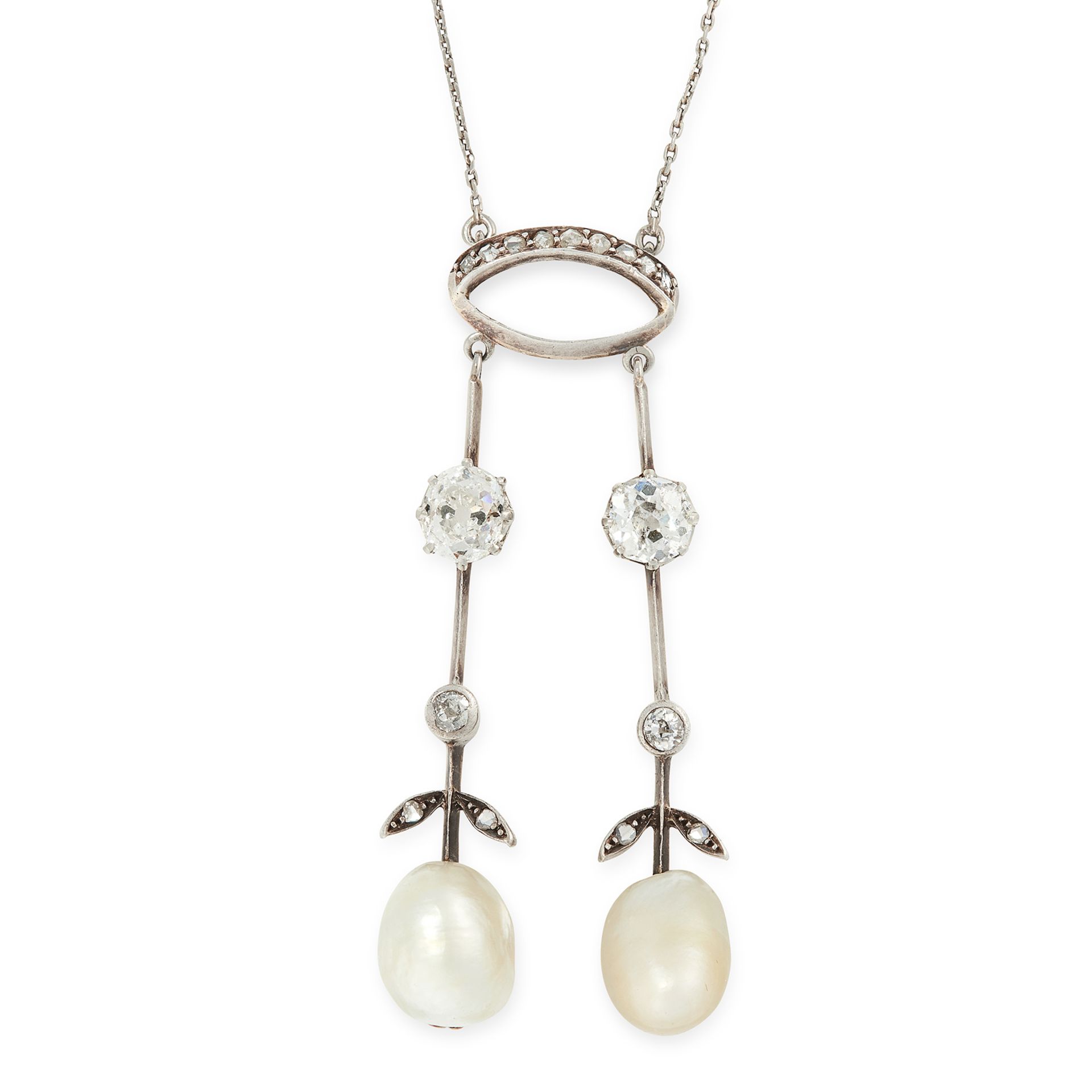 AN ANTIQUE DIAMOND AND PEARL NEGLIGEE NECKLACE in yellow gold and silver, formed of two pendant