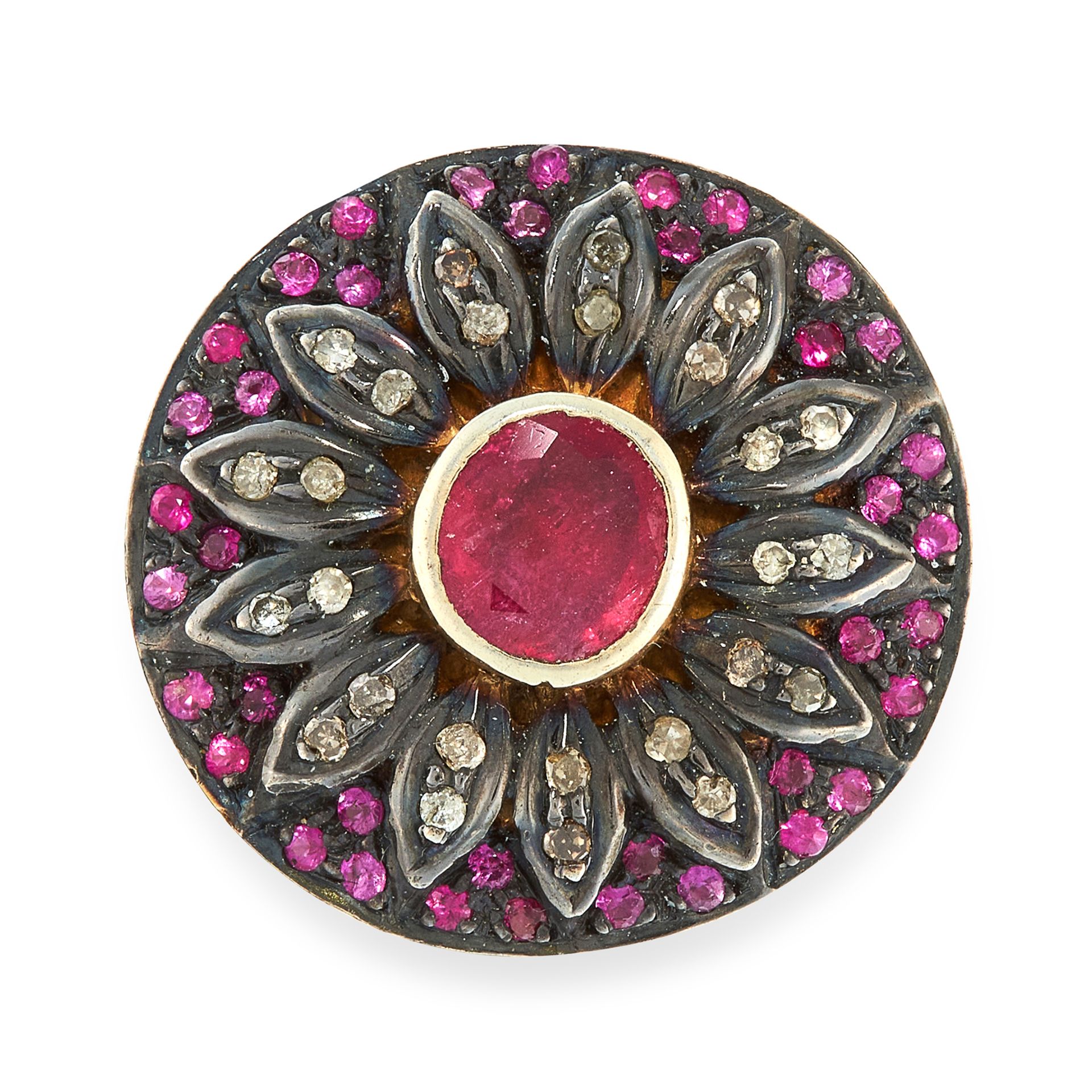 A RUBY AND DIAMOND JEWEL the circular body designed as a flower, set with rubies and diamonds,