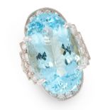 AN AQUAMARINE AND DIAMOND DRESS RING in platinum, set with an oval cut aquamarine of 18.05 carats in