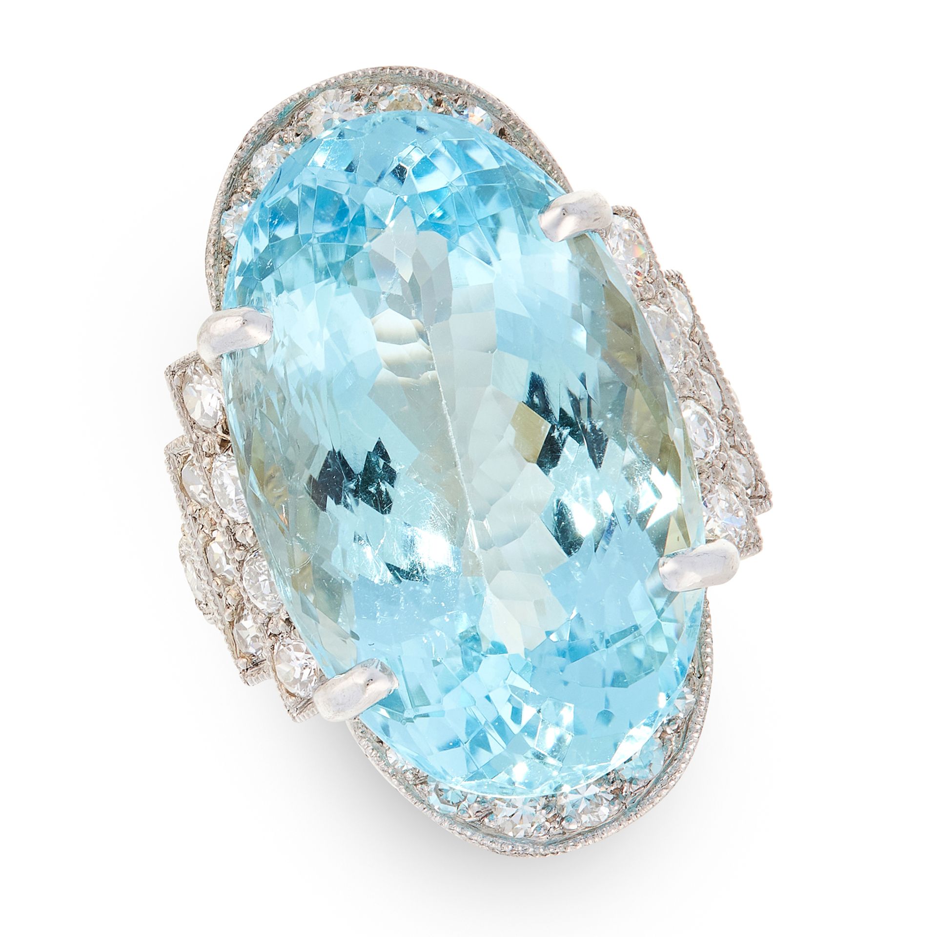 AN AQUAMARINE AND DIAMOND DRESS RING in platinum, set with an oval cut aquamarine of 18.05 carats in