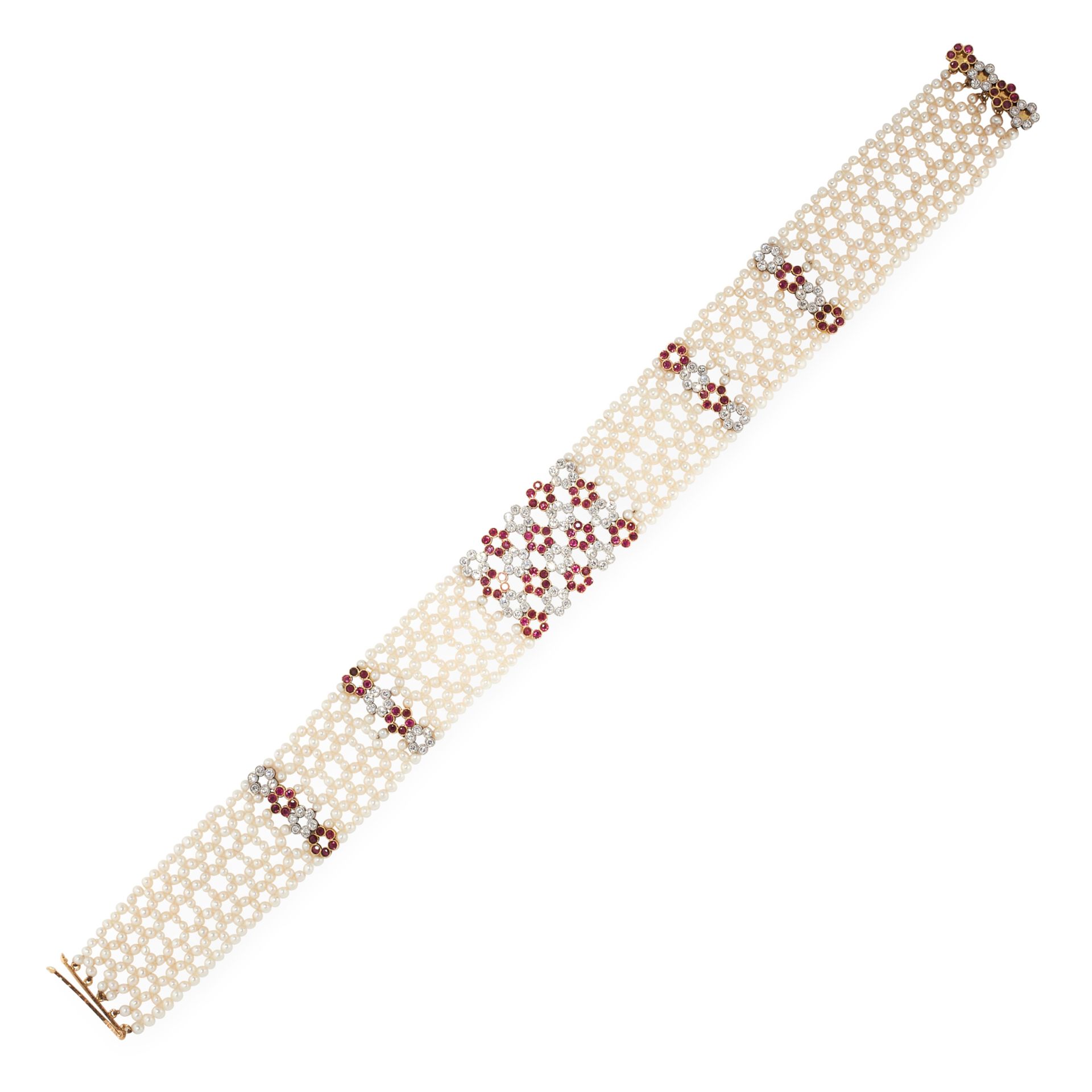 A PEARL, RUBY AND DIAMOND CHOKER NECKLACE in 18ct yellow gold and platinum, comprising six rows of