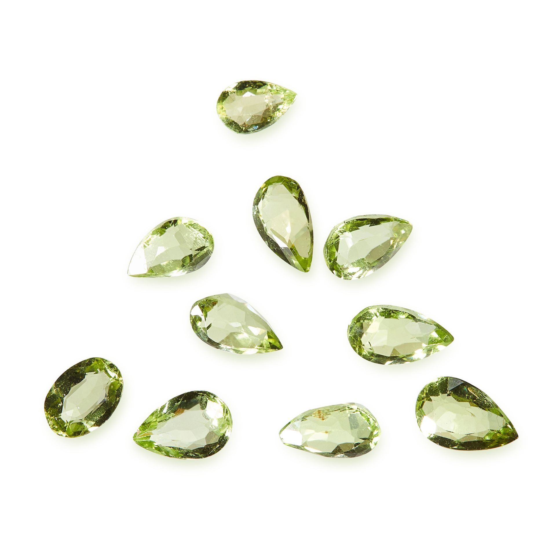 A MIXED LOT OF TEN UNMOUNTED PERIDOT of pear and oval cut, various sizes.