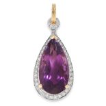 AN AMETHYST AND DIAMOND PENDANT in 18ct yellow gold, set with a pear cut amethyst of 13.33 carats in