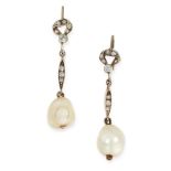A PAIR OF NATURAL PEARL AND DIAMOND EARRINGS each set with a pearl of 10.4mm and 9.9mm, suspended