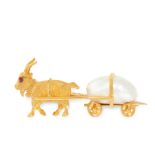 A RUBY AND PEARL GOAT AND CART BROOCH in yellow gold, designed to depict a coat with cabochon ruby