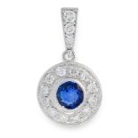 A SAPPHIRE AND DIAMOND TARGET PENDANT set with a central round cut sapphire within a border of round