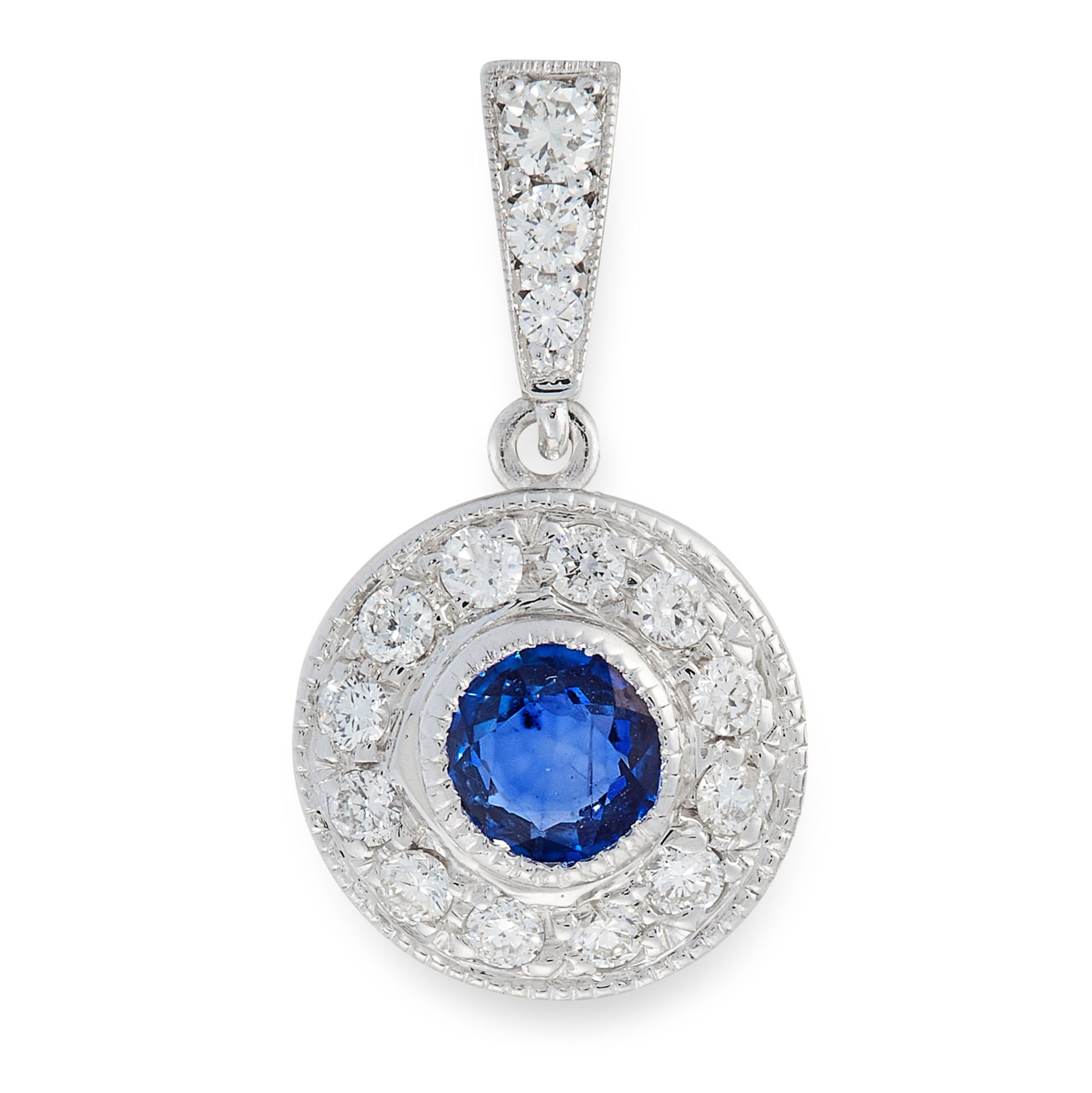 A SAPPHIRE AND DIAMOND TARGET PENDANT set with a central round cut sapphire within a border of round