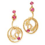 A PAIR OF VINTAGE RUBY AND DIAMOND EARRINGS in 18ct yellow gold, each designed as a scrolling