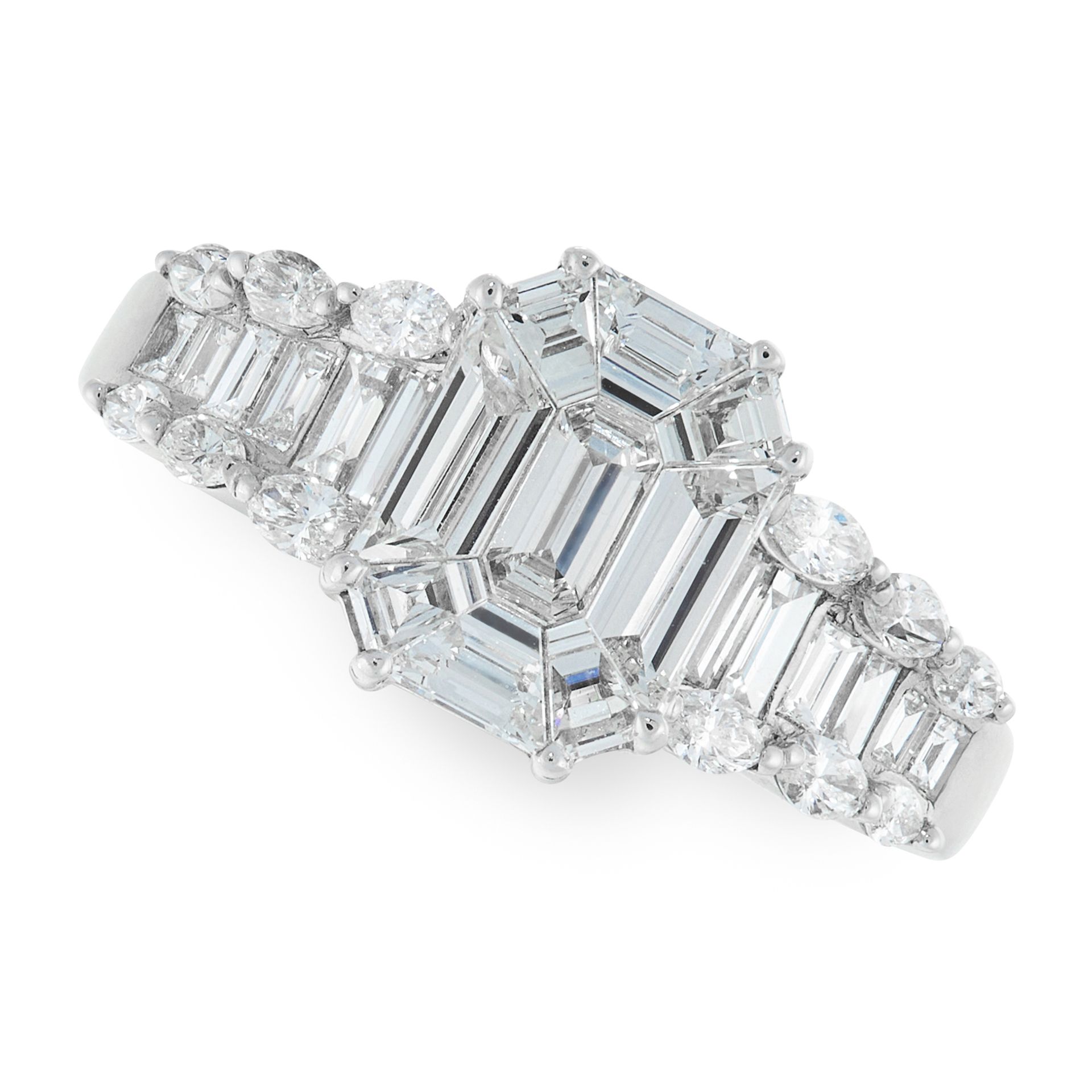 A DIAMOND DRESS RING in 18ct white gold, cluster set with a central emerald cut diamond accented