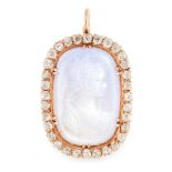 AN ANTIQUE MOONSTONE CAMEO AND DIAMOND PENDANT in high carat yellow gold, set with a cushion