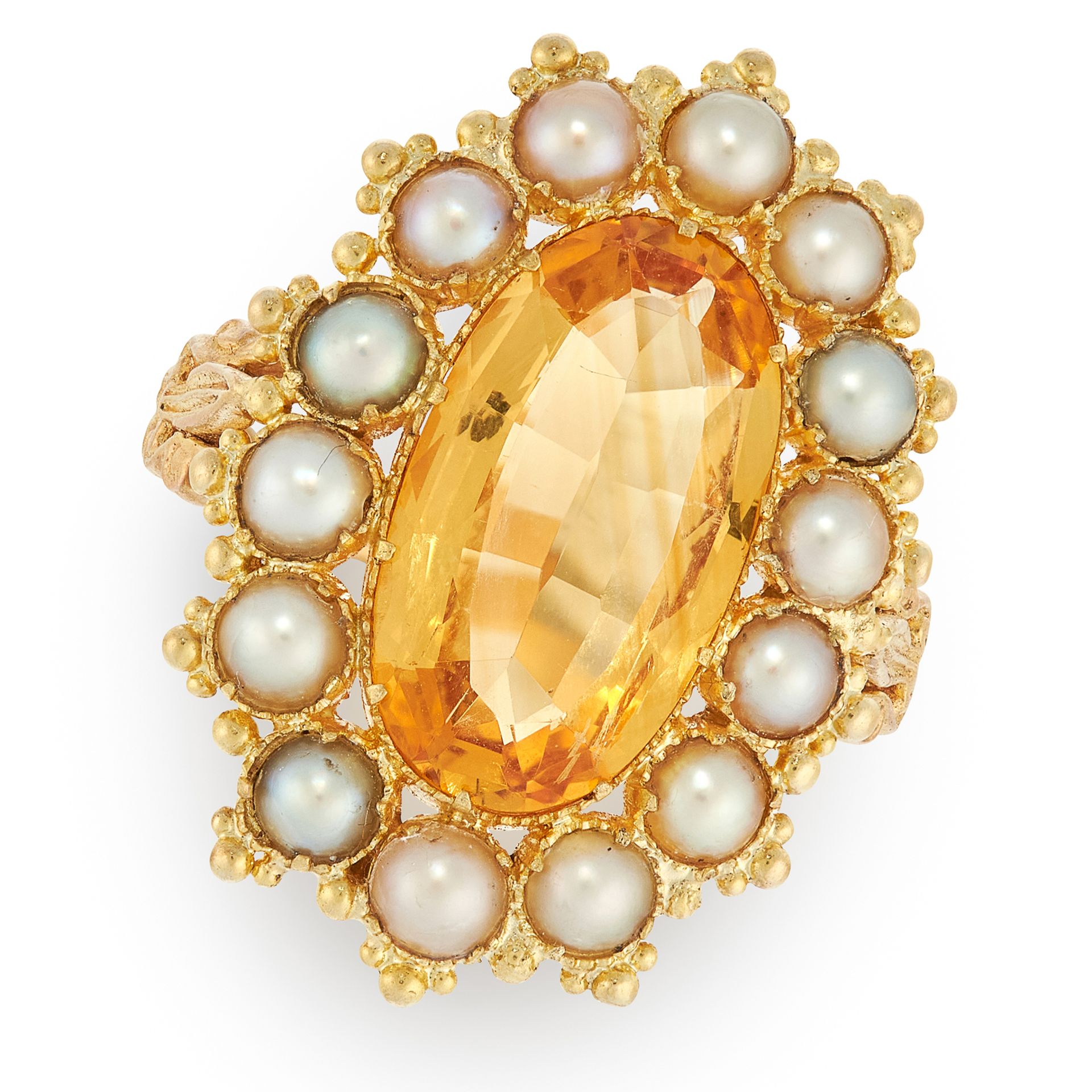 AN ANTIQUE IMPERIAL TOPAZ AND PEARL RING in high carat yellow gold, set with an oval cut imperial