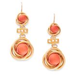 A PAIR OF CORAL AND PEARL EARRINGS in 18ct yellow gold, each comprising two graduated coral beads