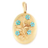 AN ANTIQUE TURQUOISE AND DIAMOND FORGET ME NOT MOURNING LOCKET PENDANT in yellow gold, the oval body