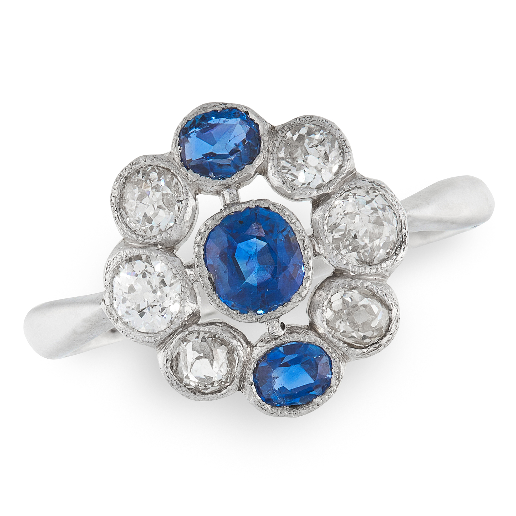 A SAPPHIRE AND DIAMOND DRESS RING in 18ct white gold, set with a trio of graduated cushion cut