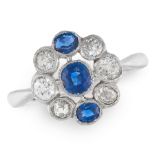 A SAPPHIRE AND DIAMOND DRESS RING in 18ct white gold, set with a trio of graduated cushion cut