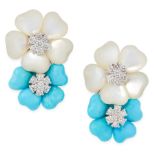A PAIR OF TURQUOISE, MOTHER OF PEARL AND DIAMOND EARRINGS in 18ct white gold, each designed as two