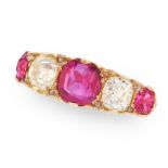 AN ANTIQUE VICTORIAN BURMA NO HEAT RUBY AND DIAMOND FIVE STONE RING, 1886 in 18ct yellow gold, set