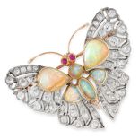 AN ANTIQUE DIAMOND, OPAL AND RUBY BUTTERFLY BROOCH in yellow gold and silver, designed as a