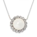 A PEARL AND DIAMOND PENDANT NECKLACE in 18ct white gold, set with a pearl of 9.9mm within a border