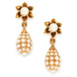 A PAIR OF ANTIQUE PEARL DROP EARRINGS in yellow gold, each suspending a tapering drop jewelled
