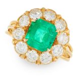 A COLOMBIAN EMERALD AND DIAMOND DRESS RING in high carat yellow gold, set with an emerald cut