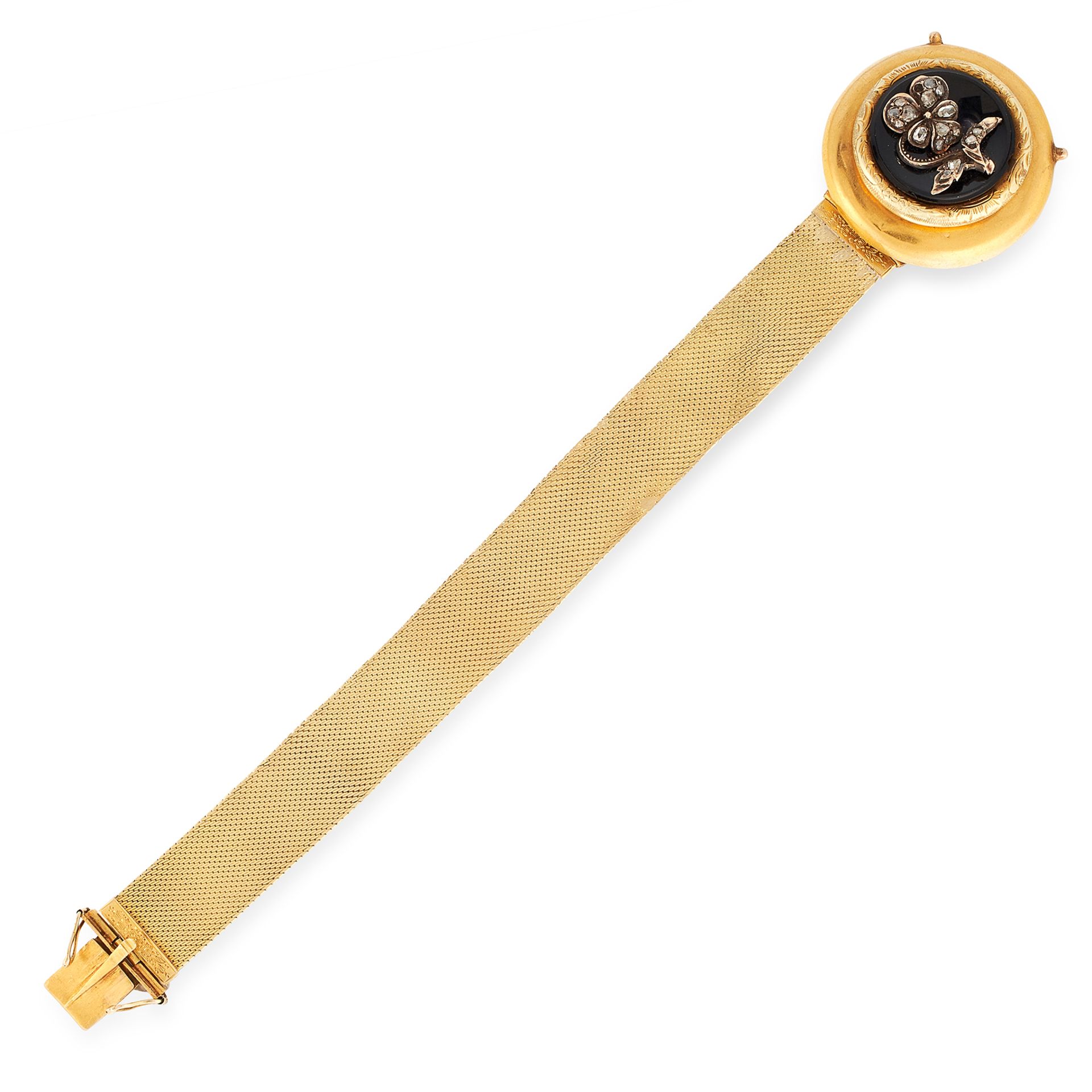 AN ONYX AND DIAMOND PANSY BRACELET in yellow gold, the central antique roundel forming the clasp,