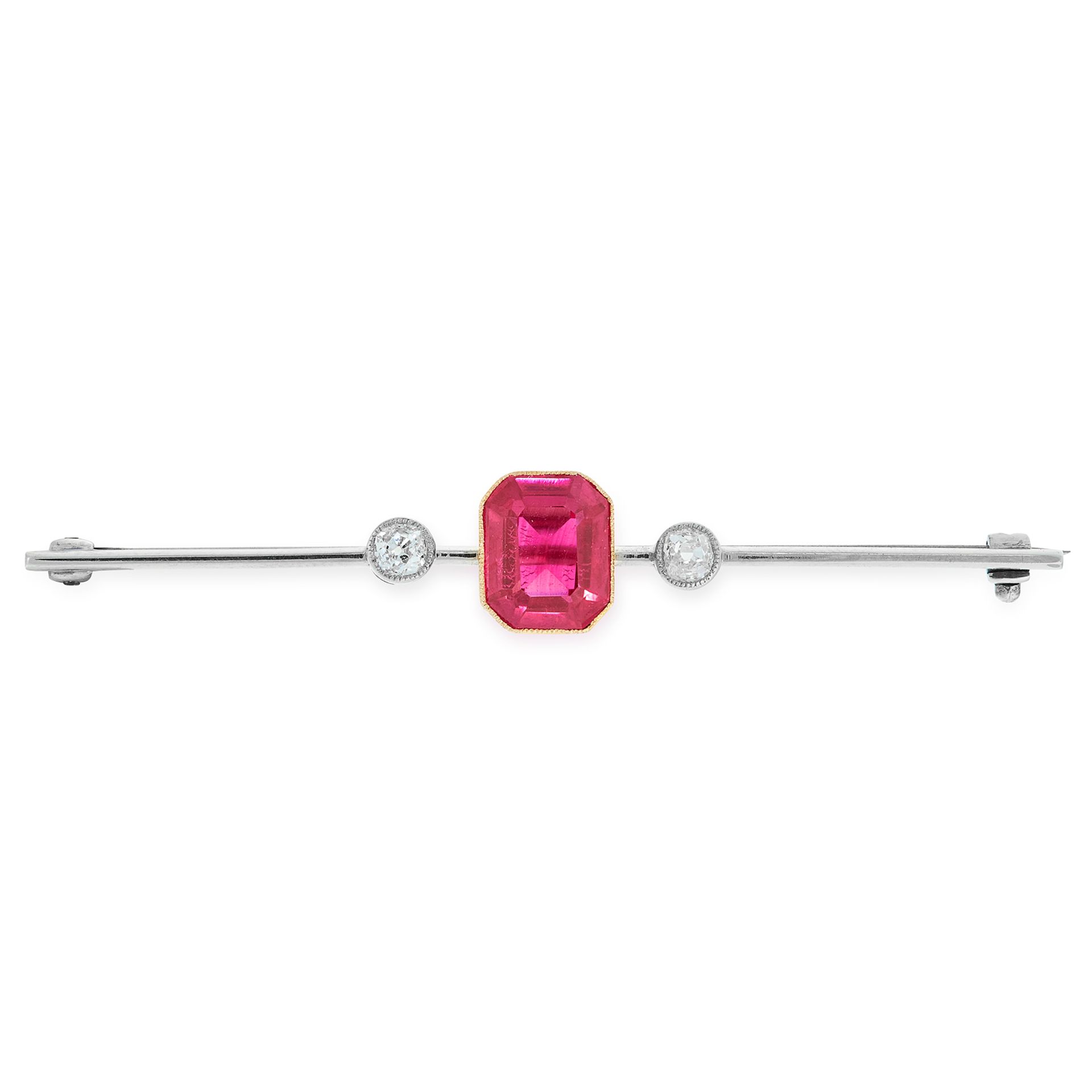 AN ANTIQUE PASTE AND DIAMOND BAR BROOCH set with a central emerald cut red gemstone between two